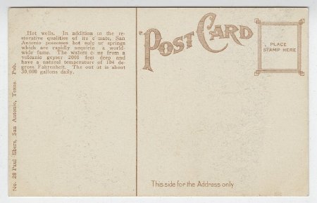 San Antonio, Texas. Hot Wells Bath House. (back)