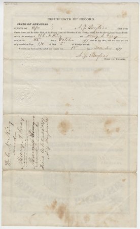 Marriage license for W.C.N. King and Mary Gray, 1877. (back)