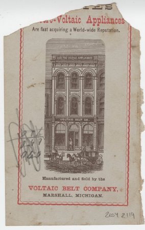 Ad for Voltaic Belt Company, Michigan, note on back.
