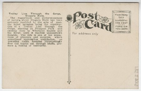Giant Rock & Trolley Line through the Gorge, Niagara River, N. Y. (back)